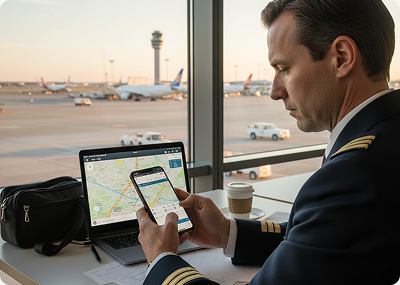 Pilot reviewing live aircraft data at an airport window